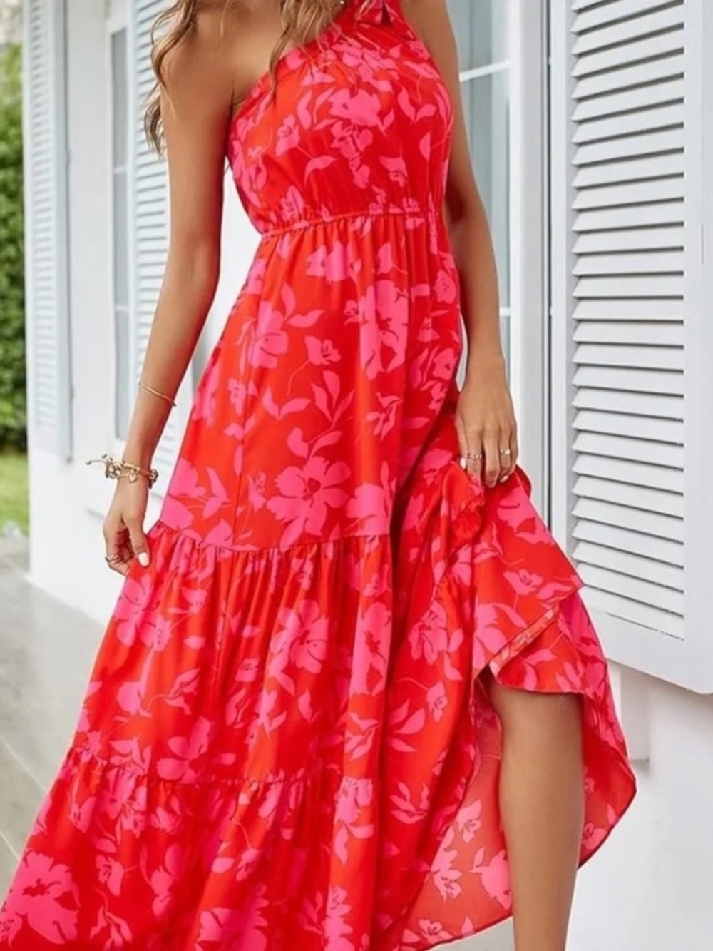 Women’s One-Shoulder Red & Pink Floral Maxi Dress